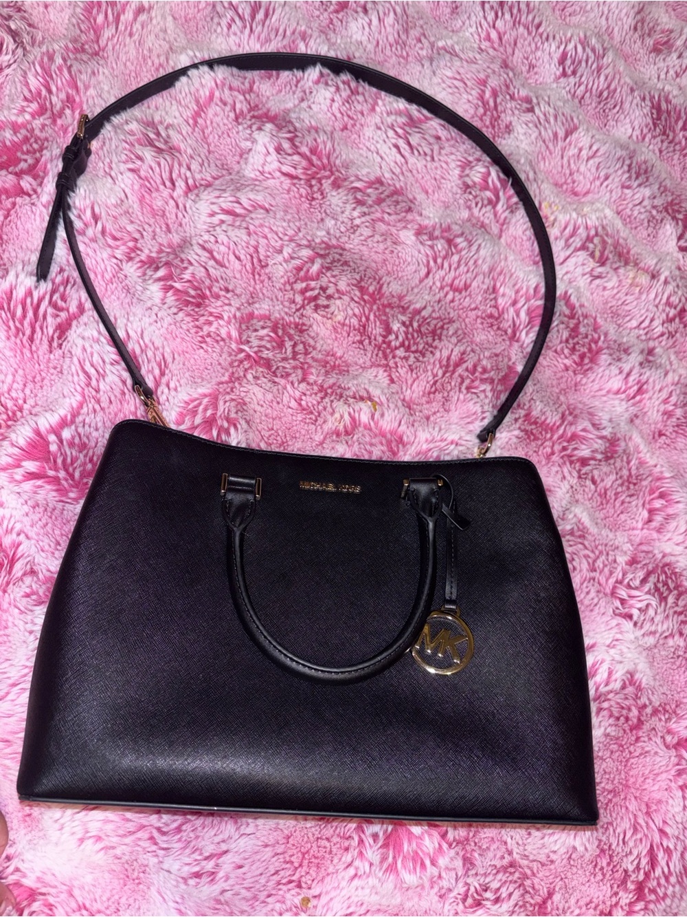 Michael Kors Black Saffiano Satchel with Gold Logo Charm
